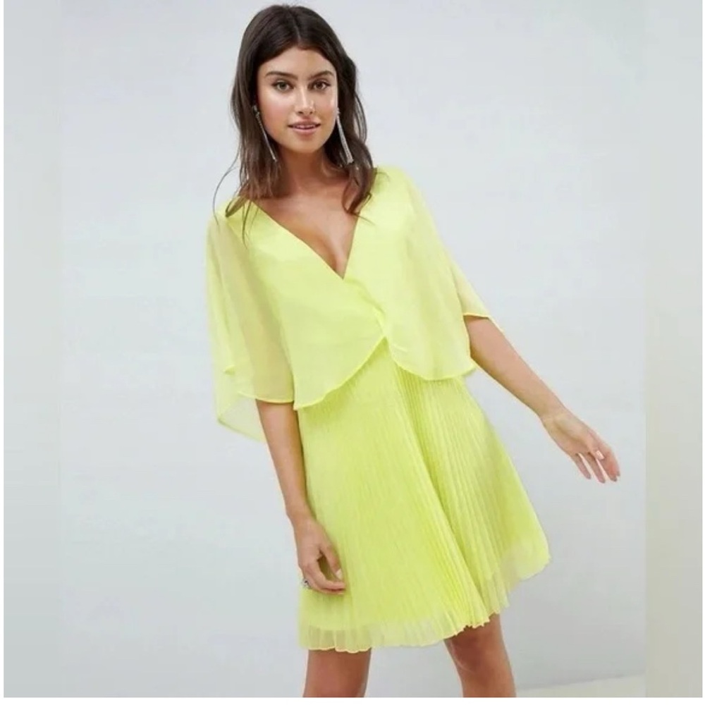 NWT ASOS Design Flutter Sleeve Midi Dress Pleated Neon Yellow 6 Fairy Hoco Sheer